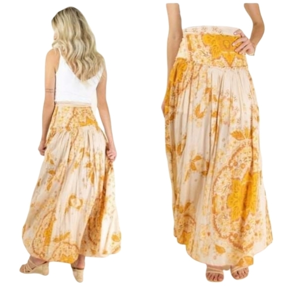Free People Farrah Drop Waist Maxi Skirt Printed Tiered Ivory Combo Size 0 - Picture 9 of 12
